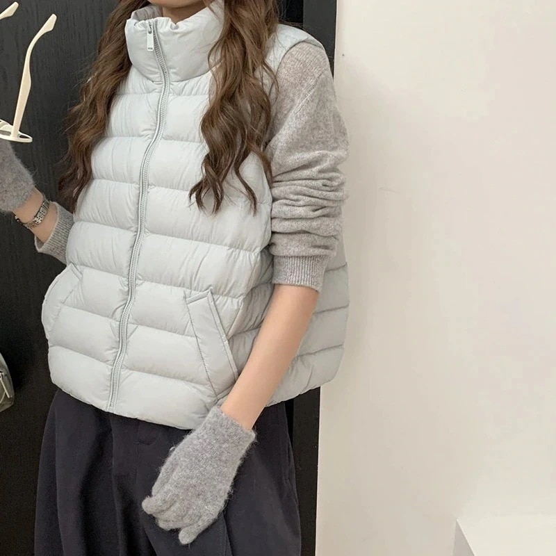 立襟 90% ホワイトダックダウン レディース ベスト リブ縫い 冬 かわいい バッグカバー付き