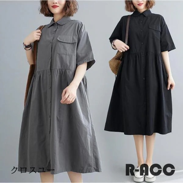 ワンピース シャツワンピース レディース 半袖 春 ロングシャツ チュニック 大きいサイズ チェック柄 ロングシャツ Aライン体型カバー 折襟