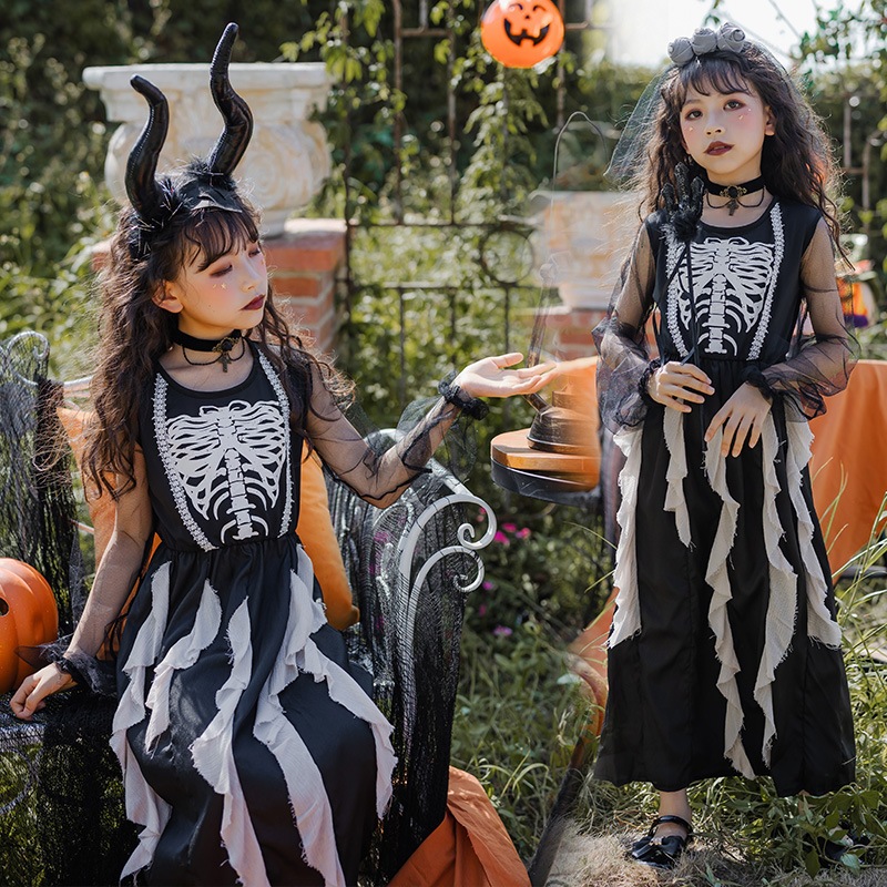 子供用ハロウィンコスチューム女の子用ダークデビルゴースト花嫁ドレスヴァンパイアスケルトンゾンビコスチューム子供服