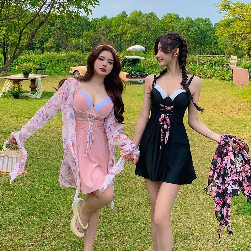 M-6L 大きいサイズ 20代 水着 ワンピース水着 30代 体型カバー 40代 3点セット 紫外線カット トップス付 水着 レディース ピンク 黒 プラスサイズ ワイヤー入り