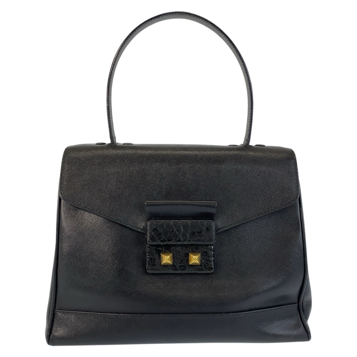 美品 ブラック 黒 ゴールド金具 レザー/クロコダイル ハンドバッグ ショルダーバッグ レディース 500841 32,435円