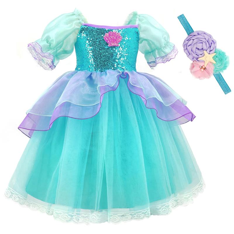 [TYHTYM] 子供用 プリンセス ドレス アリエルドレス キッズ (リトル・マーメイド風ドレス+ヘアバンド 2点セット ブルーワンピース コスプレ キッズコスチューム イベント ステージ衣装 変装