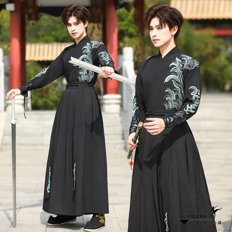 新発限定 メンズ コスプレ衣装 華流 コスチューム 変装 男性用 黒系 漢服 中華服 大人 舞台ステージ衣装 チャイナ服 上下2~3点セットアップ 長袖 刺繍 交差襟 トップス 巻きスカート 腕カバー