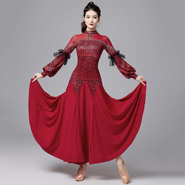 【 2025】社交ダンス ドレス 社交ダンス 衣装 ワンピース モダン スタンダード ルンバ レッスン着 長袖 広がる裾 ヒョウ柄 ワルツ専用 練習着 発表会 ストレッチ 団体 レッド