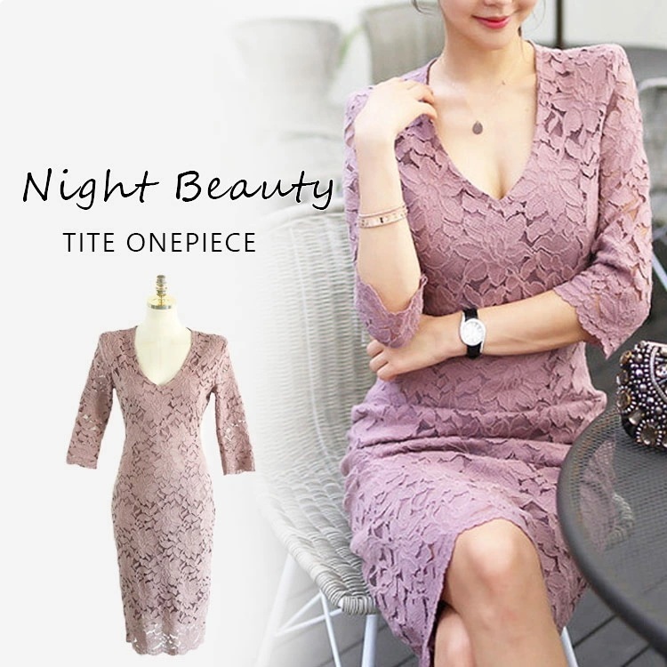 【新作】タイトワンピース レース タイト ワンピース ひざ丈 タイトスタイル レース刺繍姫系ワンピース パーティドレス 7分袖 お嬢様 セクシー ミニワンピース OL 上品 オフィスレディー 二次会