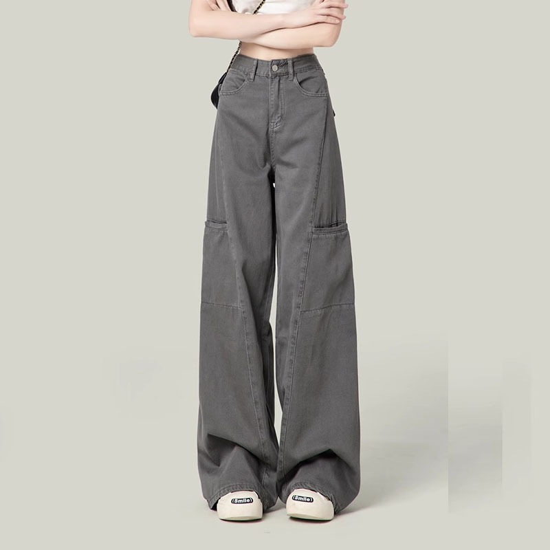 女性用セメントグレーアメリカンワイドレッグオーバーオール2024レトロハイウエストワイドレッグストレートジーンズ