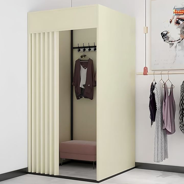 フィッティングルーム 簡易 試着室 着替え 更衣室 遮光カーテン フック付 持ち運び 天井付 洋服店 催事場 安定感 広いスペース 組立簡単 仮設 取外し 黄色(イエロー, 天井あり)