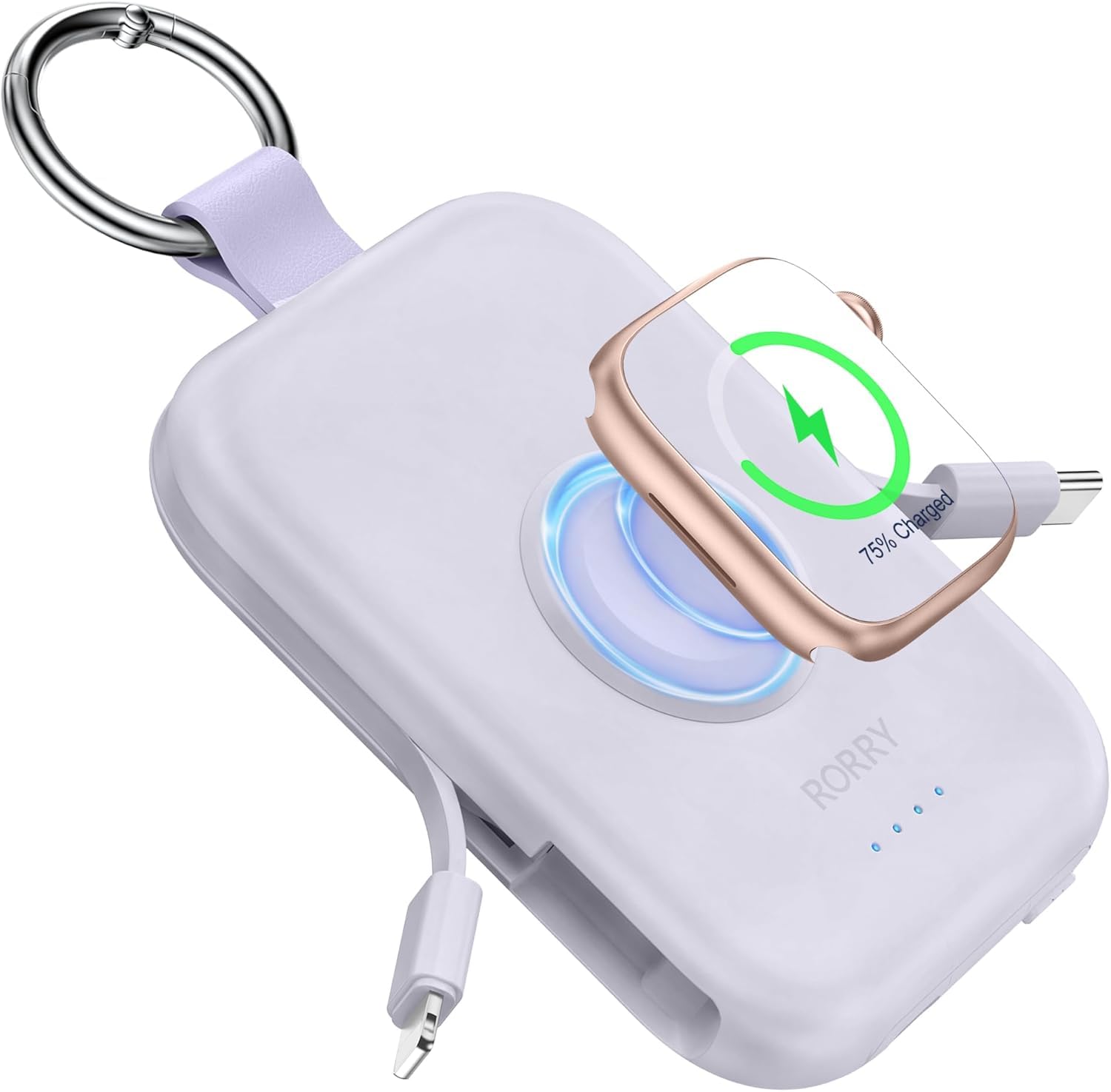 【新色登場】RORRY apple watch 充電器 モバイルバッテリー 5000mAh 2本ケーブル内蔵 【iPhone用+Type-Cケーブル】 アップルウォッチ対応 ワイヤレス充電 同時充電