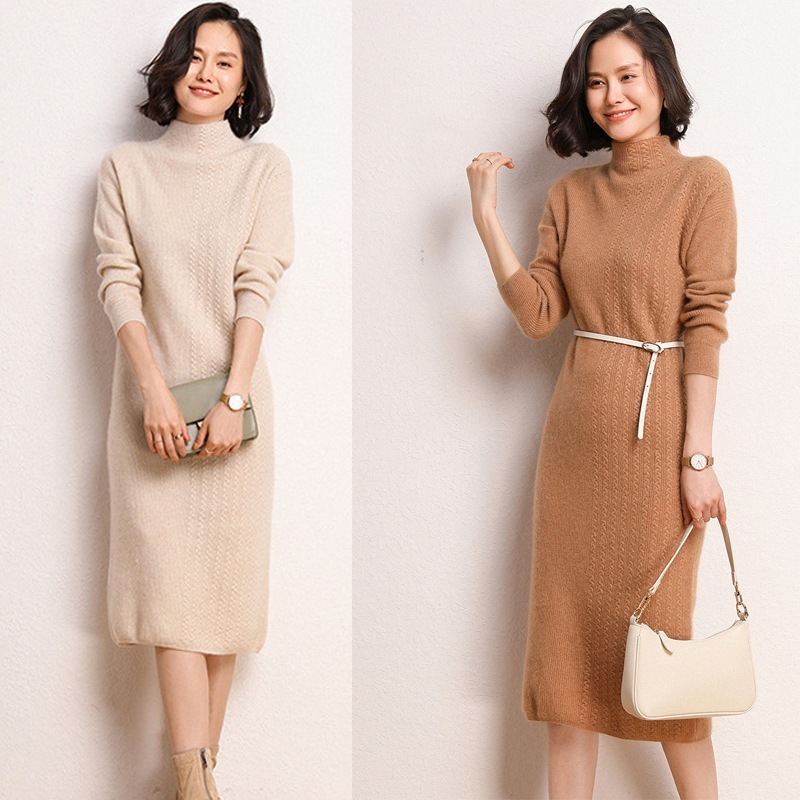 【NEW】 ワンピース 秋 冬 春 ロング丈 カシミヤ かわいい タートルネック ニットワンピース