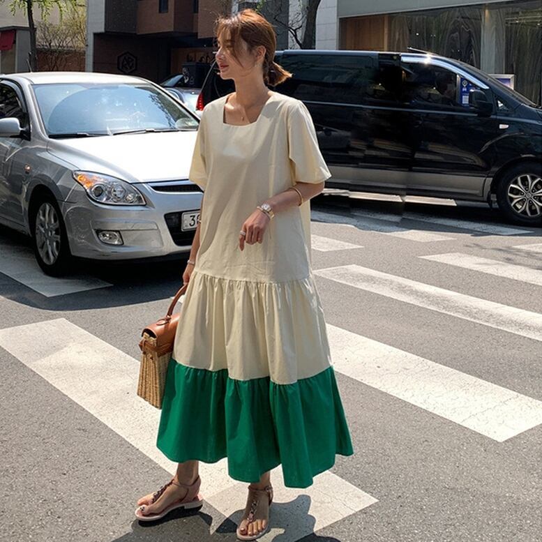 レディース 2カラー ワンピース ロング丈 マキシ丈 スクエアネック 半袖