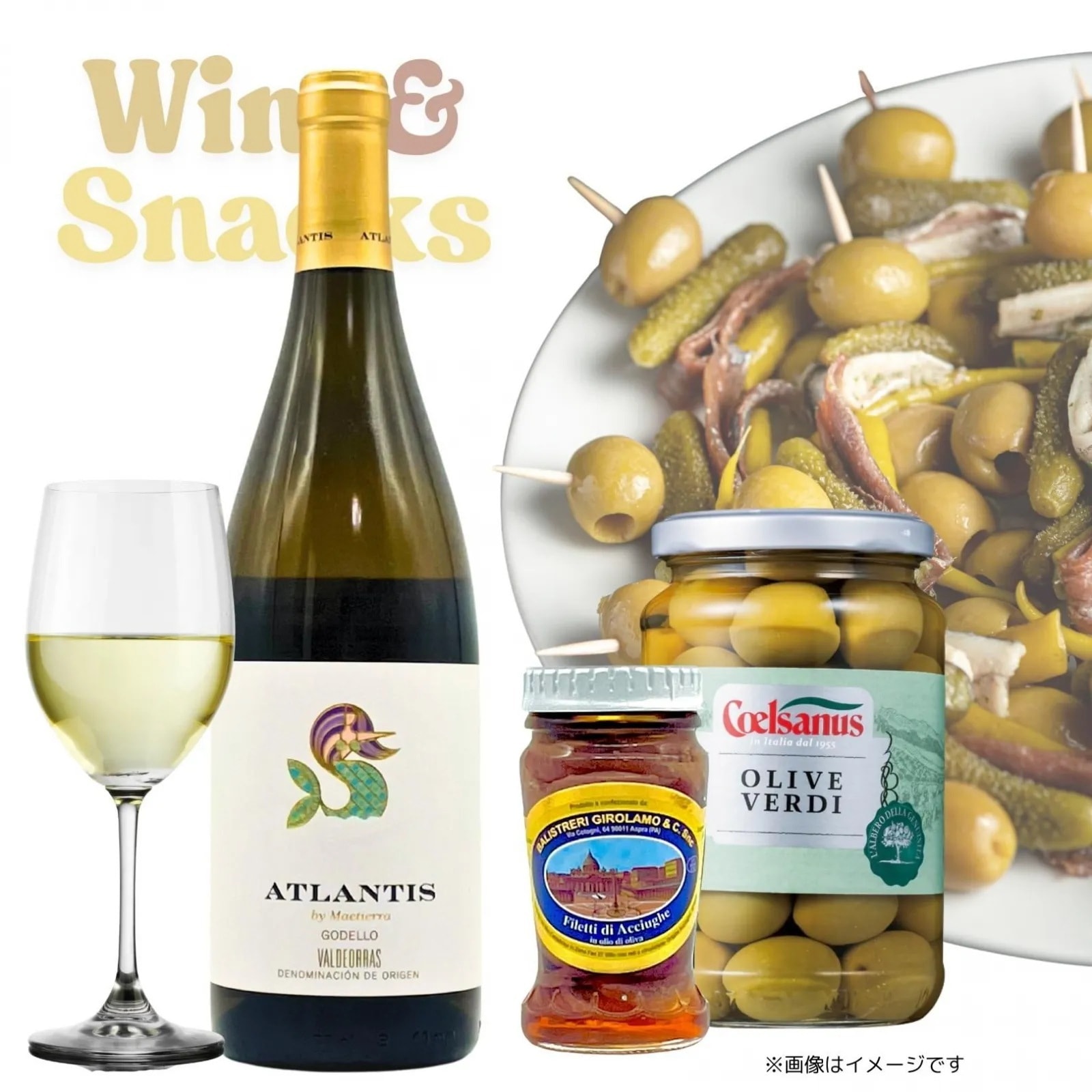 [ワインギフト] スペイン産 白ワインと高級アンチョビ＆オリーブのセット ギフト箱入り [ラッピング付] アトランティス ゴデージョ