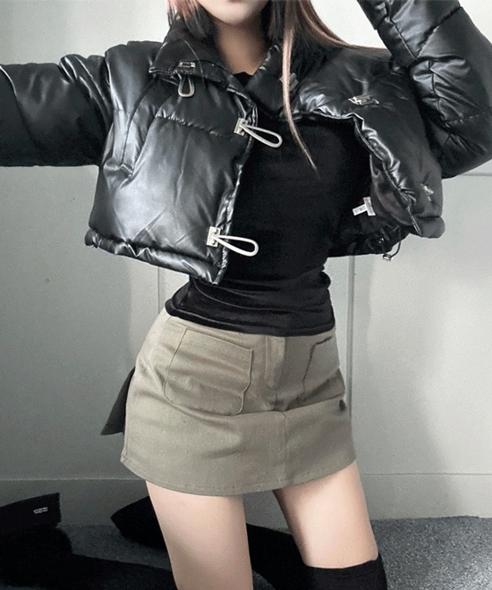 [太って見えるx/クロップ] Buckle Leather Cropped Padding / バックル クロップ ショート ダウン レザー ダウン レザー バークルダウン アイボリーダウン クロップ