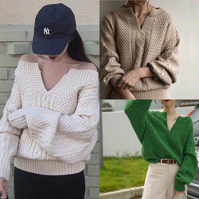 ニット ケーブルニット Vネックニット レディースニット 長袖ニット ニット秋冬 セーター ボリュームスリーブ リブ 大きめ 大きいサイズ カジュアル エレガント オフショルダー かわいい おしゃれ