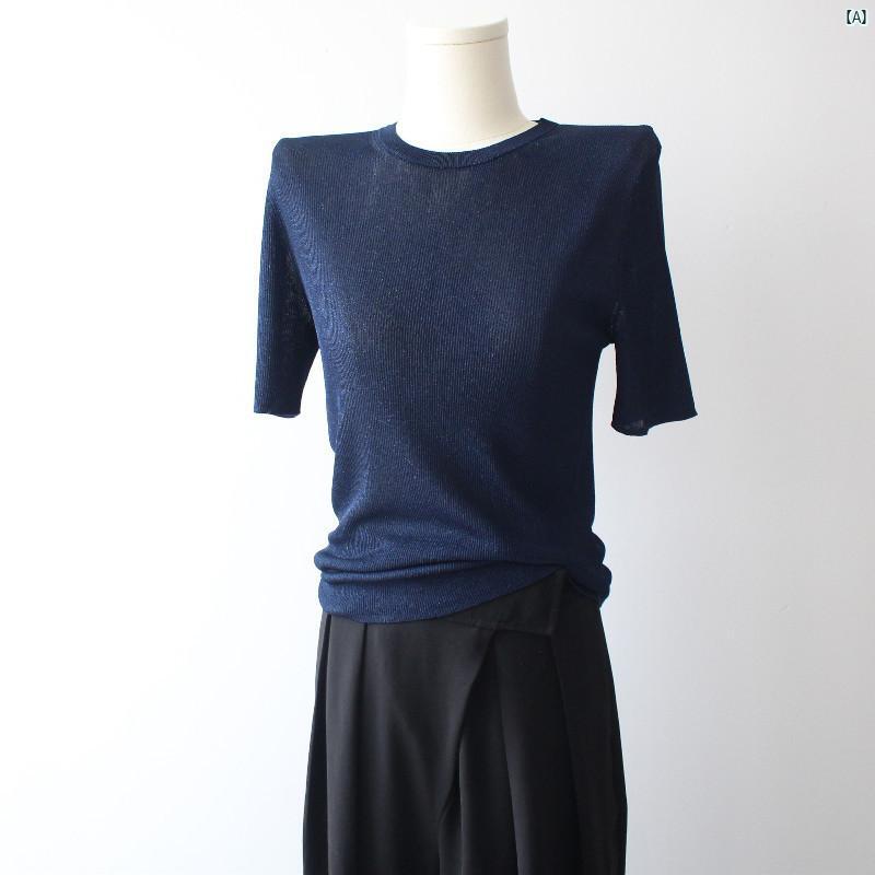 レディース ファッション　レディース　カジュアル　上品　綺麗　外出 ラウンドネック ブライト シースルー 冷感 半袖 Tシャツ 夏 薄手 ハイエンド ニット ボトムトップ