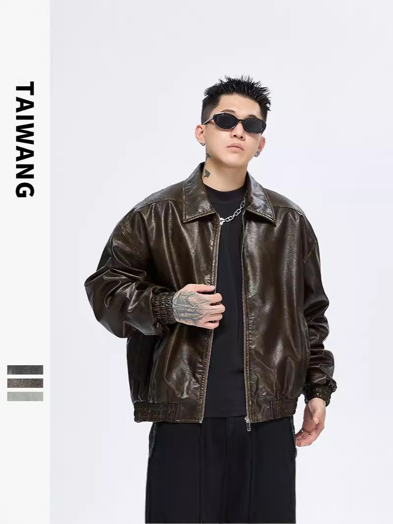 2024アメリカンレトロラペルレザージャケットメンズ秋冬新作ルーズカジュアルジャケット