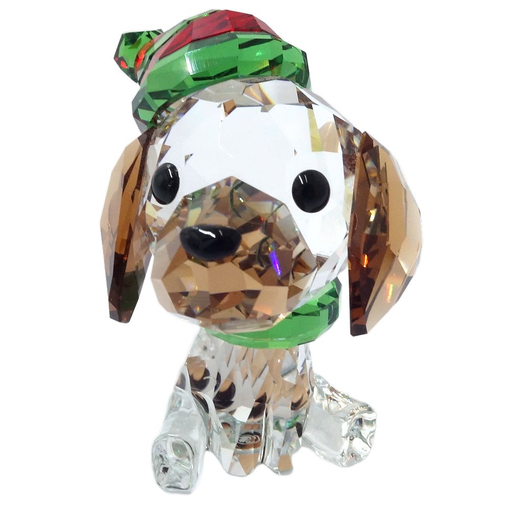 置物 ドッグ 犬 クリスマス フィギュリン クリスタル クリア グリーン レッド/180599【中古】