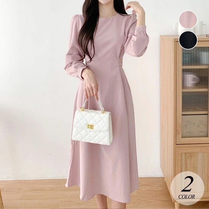 ワンピース レディース ロングワンピース ワンピ シック ラウンドネック きれいめ ミモレ丈 ランタンスリーブ おしゃれ 可愛い フォーマル パーティー ドレス フリルスカート 韓国ファッション