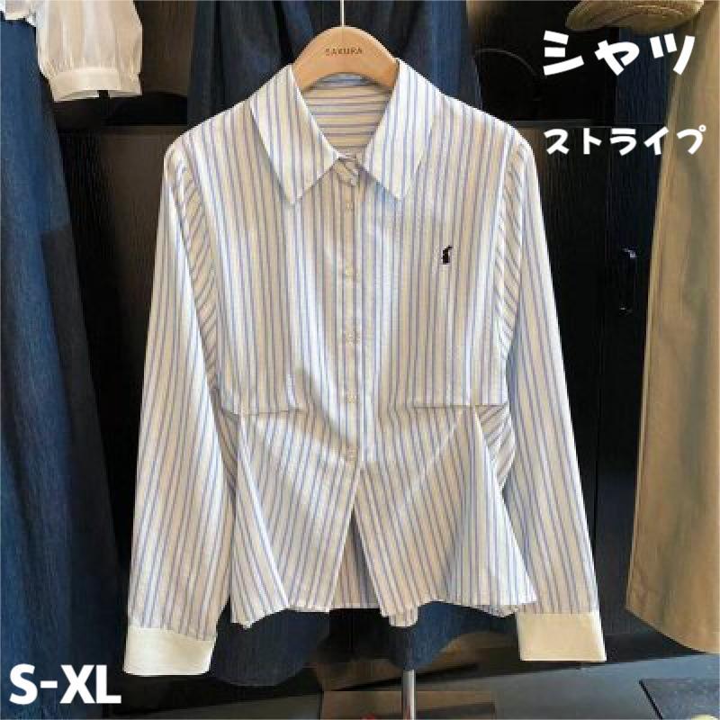 シャツ 長袖 ストライプ柄 ブラウス ウサギロゴ ウエストタック ギャザー レディース 夏 柔らか シンプル 折り襟 ボタン 通気性 大きいサイズ 通勤 OL シンプル おしゃれ 大人 通学 ビジネス 5,287円