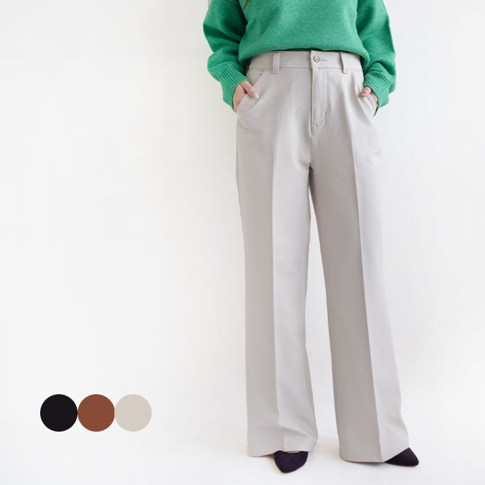 パンツ ボトムス セミワイドフレアー ロングパンツ レディース ストレッチ 美脚 脚長 春 秋 冬 M L 全3色 CF-K010