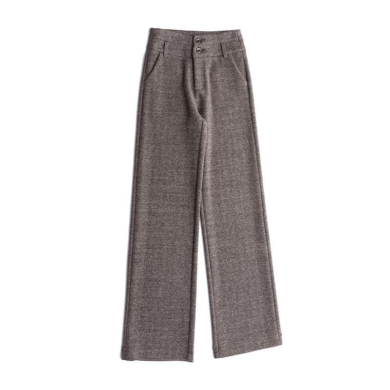 レディース パンツ ストレート ロング ウール 厚手 スリム ハイウエスト ワイドレッグス きいサイズ シンプル きれいめ スタイリッシュ エレガント 茶 グレー