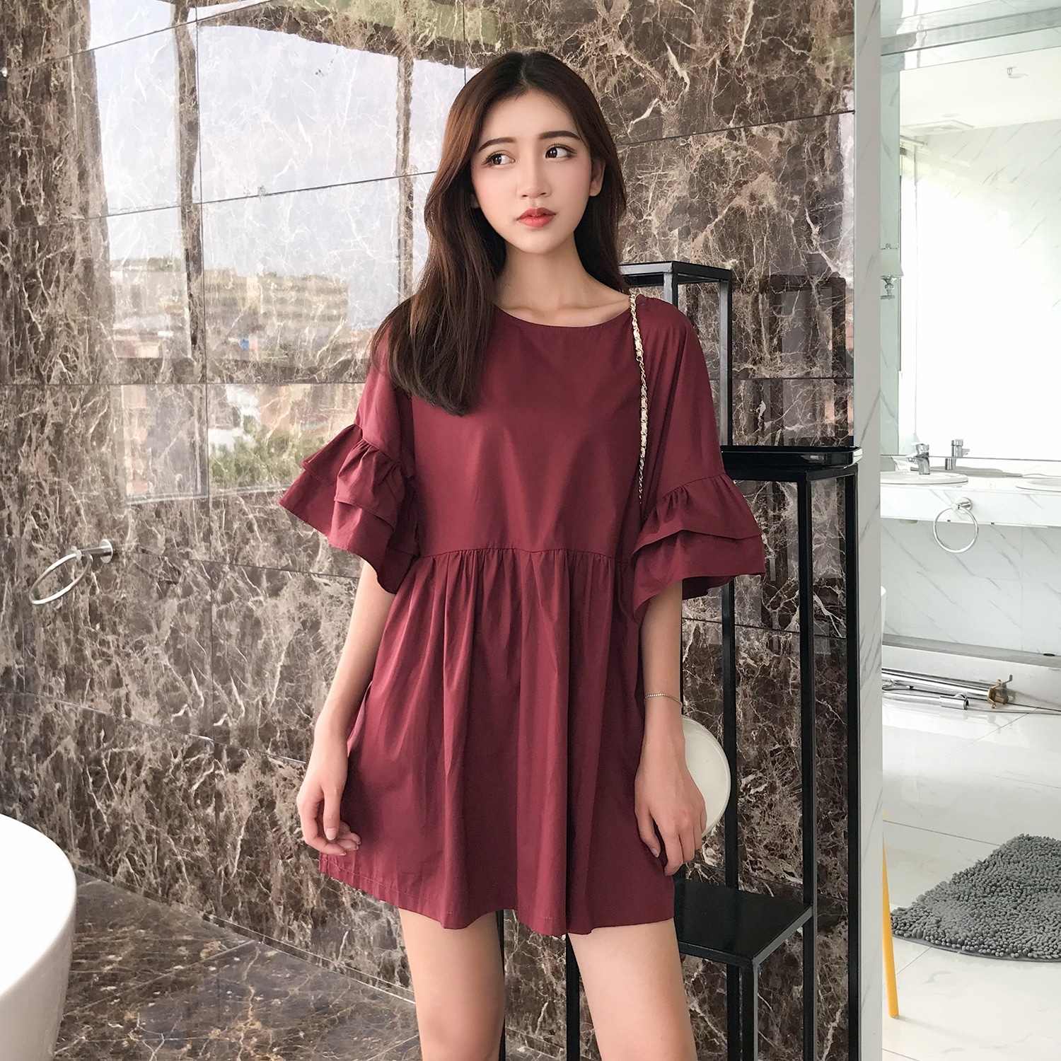 1682.フレアスリーブミニワンピース（ワインレッド）2019 春夏 sale カジュアル 通学 お出かけ デート 女子会 カフェ ランチ お呼ばれ 普段使い