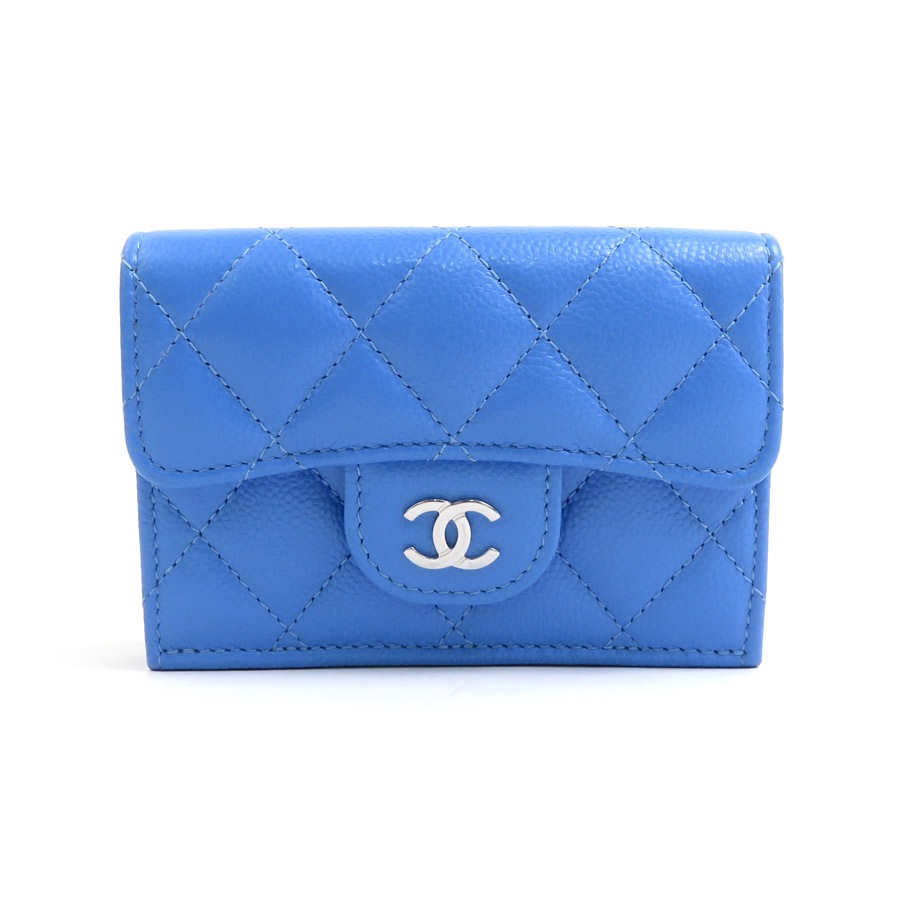 シャネル CHANEL 三つ折り財布 キャビアスキンレザー ブルー レディース 90029g