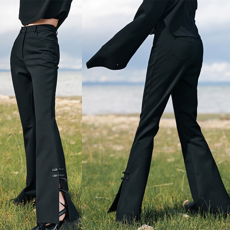 ブーツカットパンツ レディース スリットパンツ ベルボトム ラッパズボン 黒 チャイナ風普段着