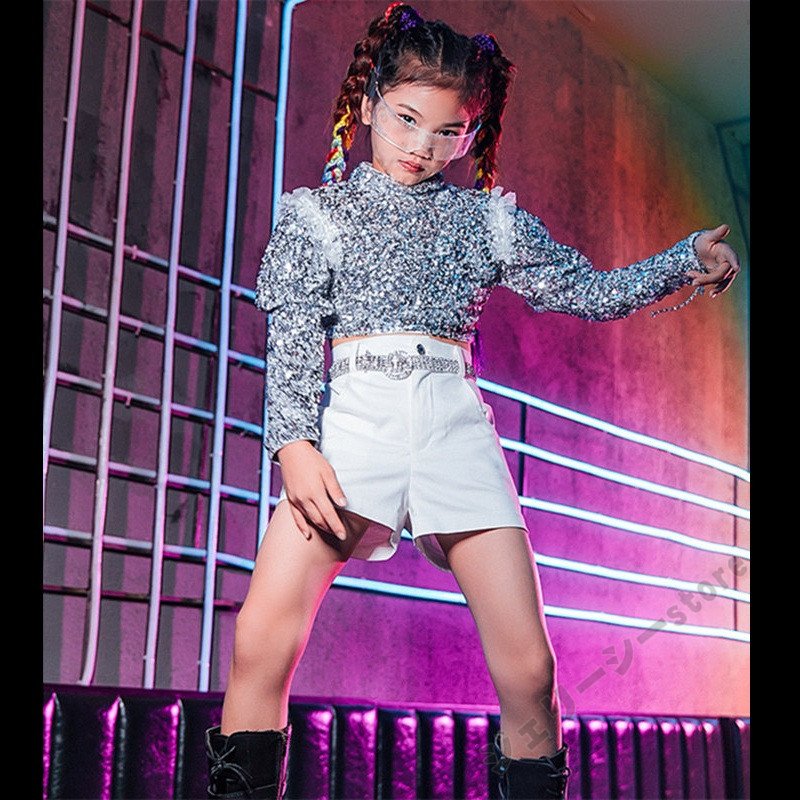 キッズ ダンス衣装 ヒップホップ ショートパンツ トップス 子供ダンス へそ出し 練習着 光沢感 セ