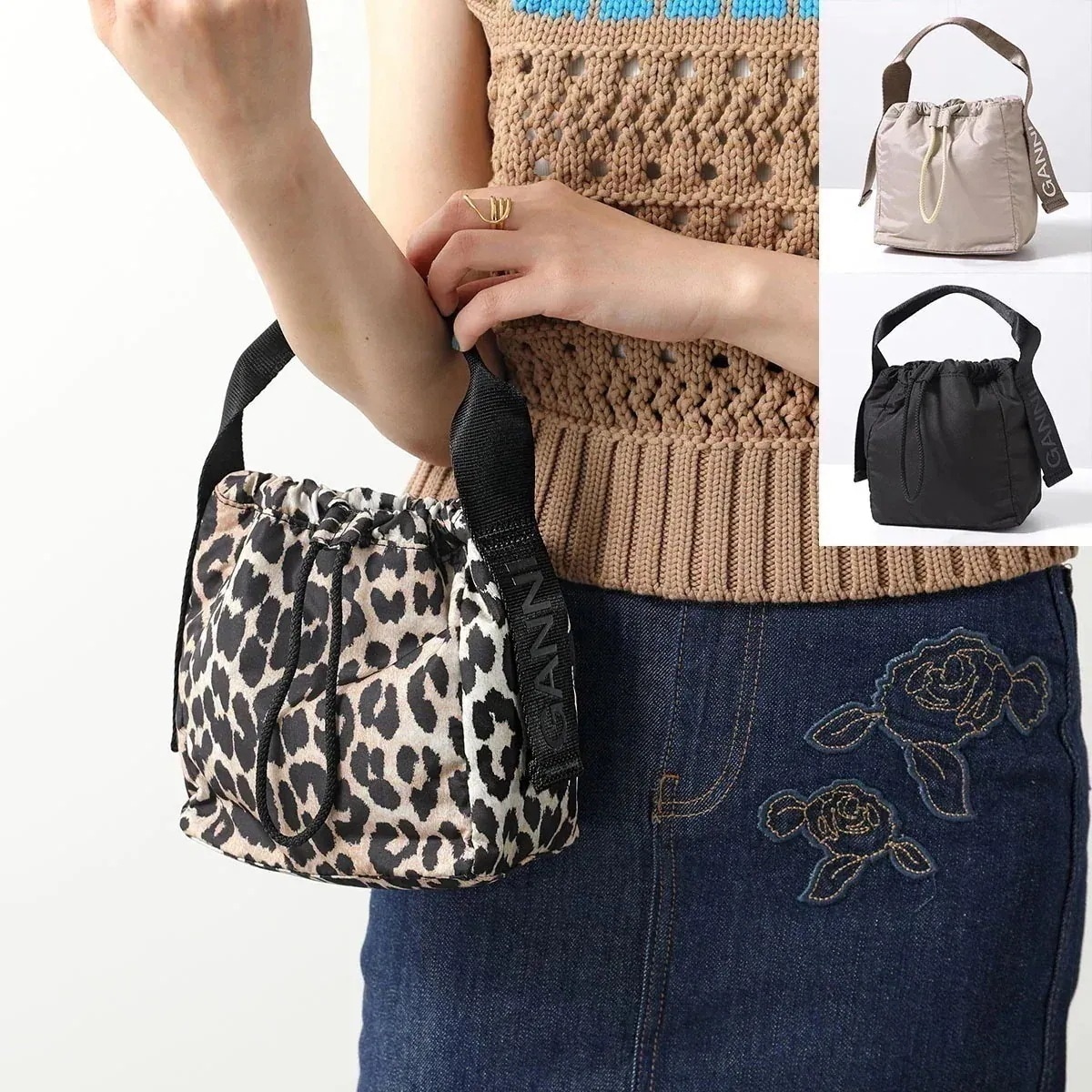 【訳あり】GANNI ガニー ハンドバッグ RECYCLED TECH POUCH A5740 レディース ロゴ 無地 レオパード 鞄 099/Black