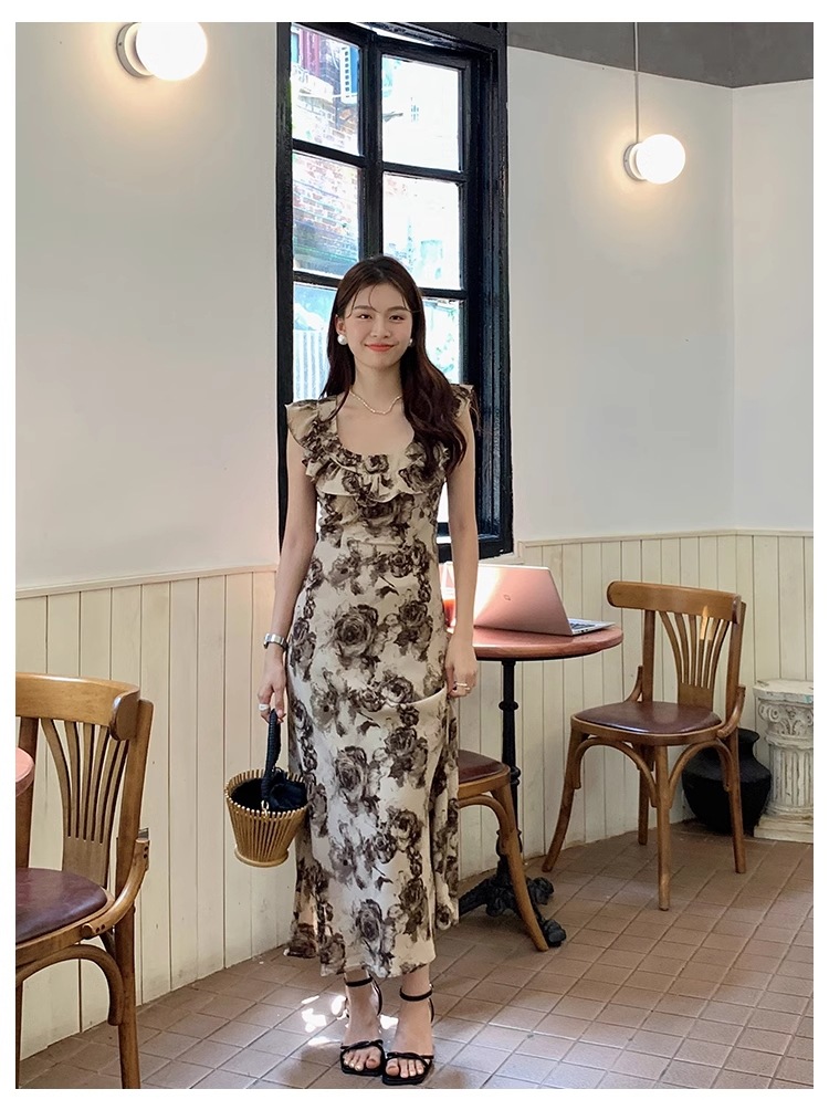 夏 フレンチ エレガント スクエアカラー プリント ロング スカート ノースリーブ シフォン ドレス 女性 個性的 ワンピース ロング ロング丈 袖なし ノースリーブ ラウンドネック 襟なし