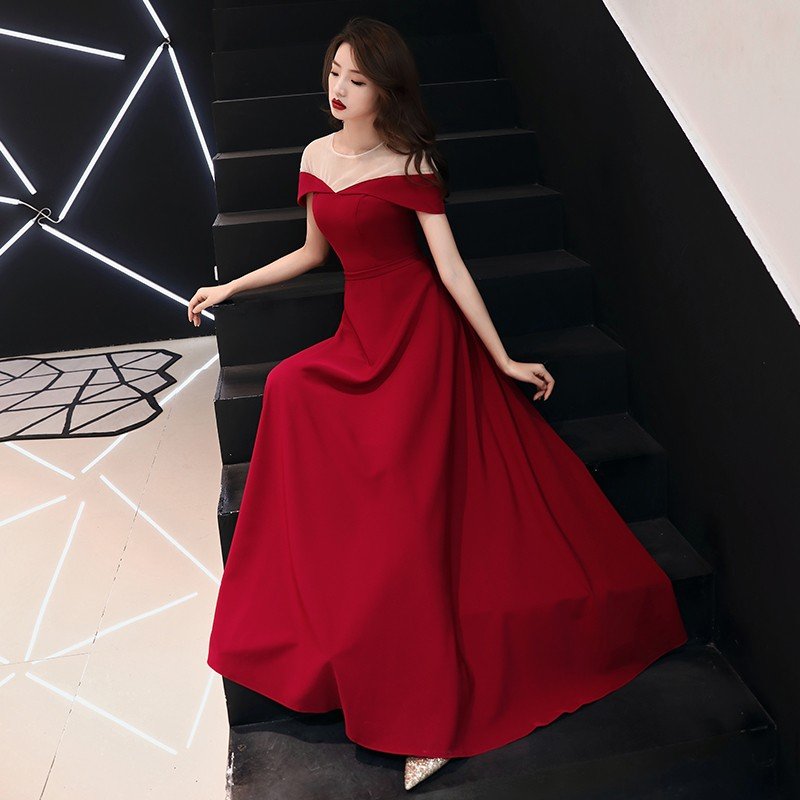 パーティードレス 安い ロングドレス 袖あり 演奏会 カラードレス 赤 イブニングドレス 花嫁 フォ