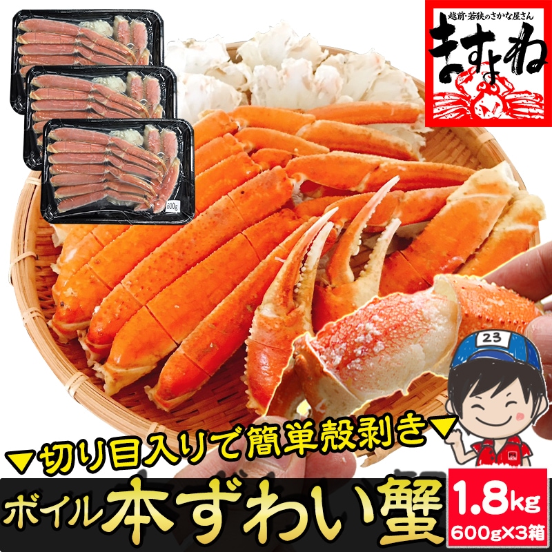 旨茹で＆殻むき簡単！特殊カット済み 茹で 本ズワイ蟹 1.8kg (600g×3箱) ボイルずわい蟹【ギフトのし対応】