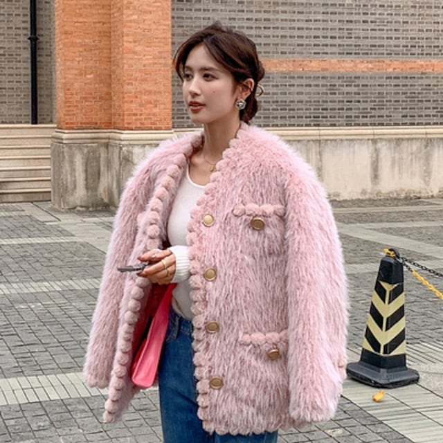 レディース ファーコート ポンポン コート アウター フェイクファー Vネック ポケット付き ショート丈