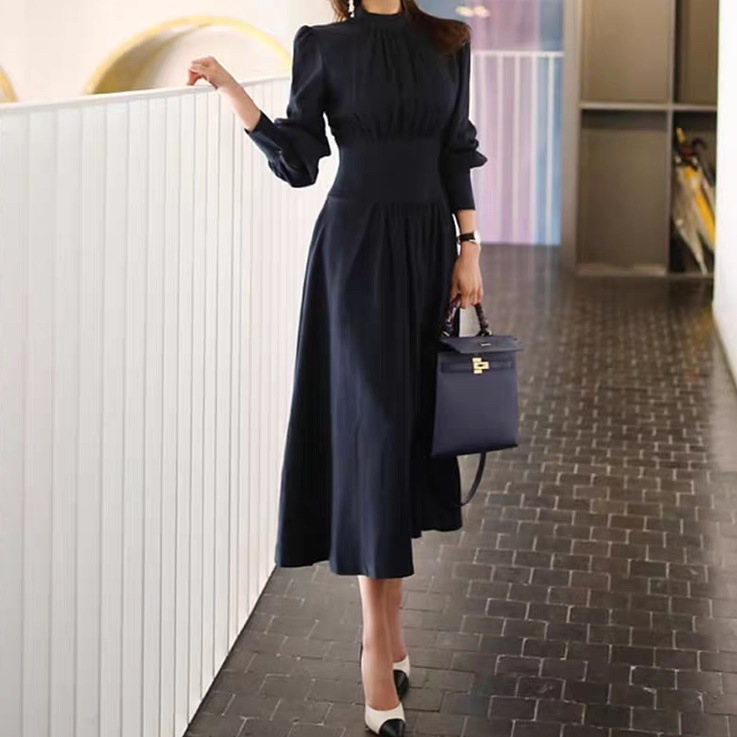 レディース ワンピース フレア ミモレ ロング 長袖 Aライン フェミニン タック タックプリーツ ウエストマーク ハイウエスト きれいめ シンプル 上品 おしゃれ レトロ こなれ感 ガーリー