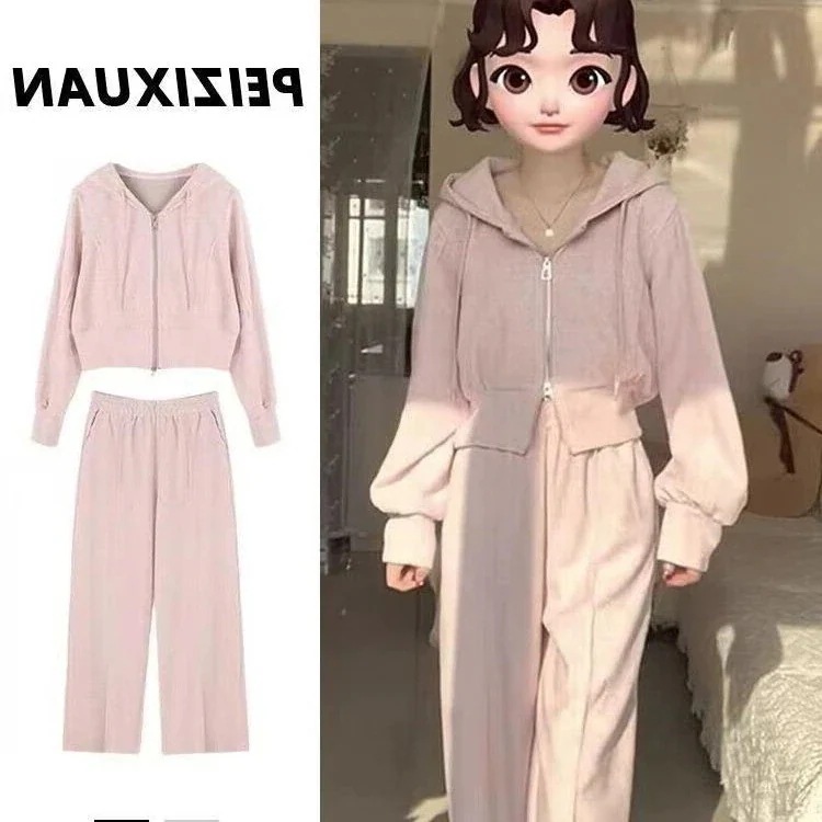 アスレチックレジャースーツ 女性用 2024年デザイン 韓国風 ピンク フード付き スウェットシャツ コート ハイウエスト ストレート パンツ 2点セット