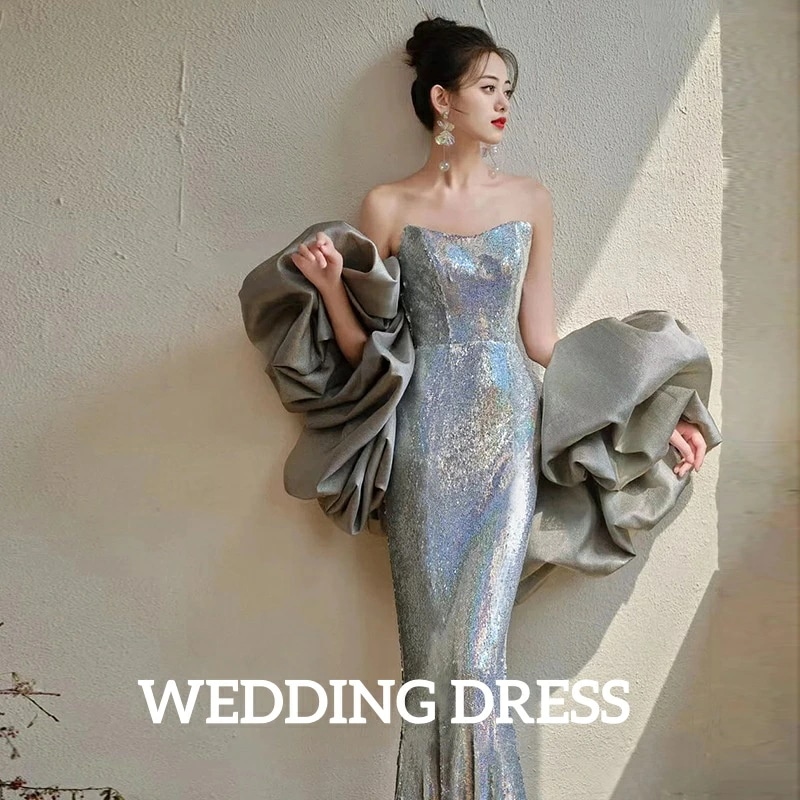 人気SALE 高級感 エレガント レディースドレス 花嫁ドレス ウェディングドレス シルバー スパンコール フィッシュテール 礼服 司会 上品 きれいめ チューブトップ ロングドレス 宴会 披露宴 忘