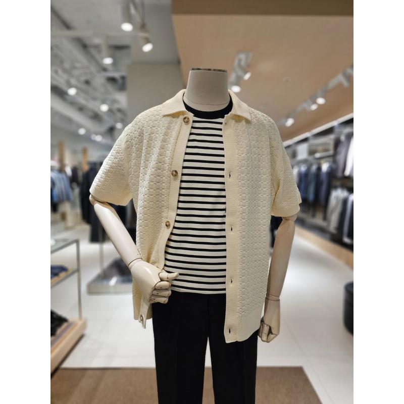[坡州店] [AND Z()]アイボリーカラー変形チェック組織感半袖カラーカーディガン(BZF2EC1204IV)