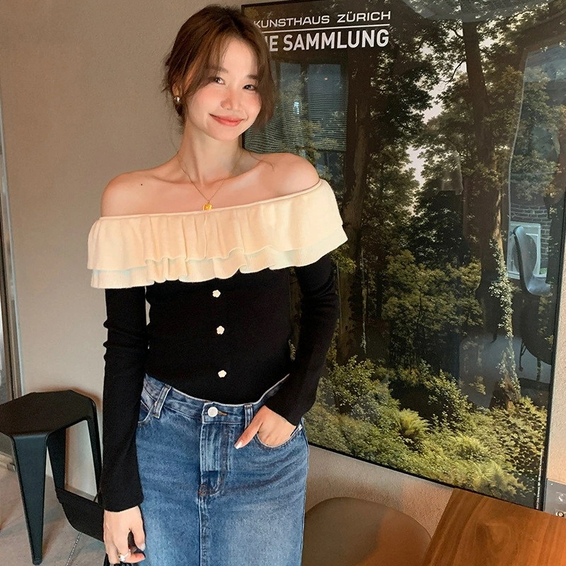 クーポン ニット セーター 長袖 オフショルダー トップス レディース フリル リブニット 無地 バイカラー シンプル 定番 着回し おしゃれ 春秋冬 インナー 柔らかい 着痩せ 重ね着 伸縮性 着回