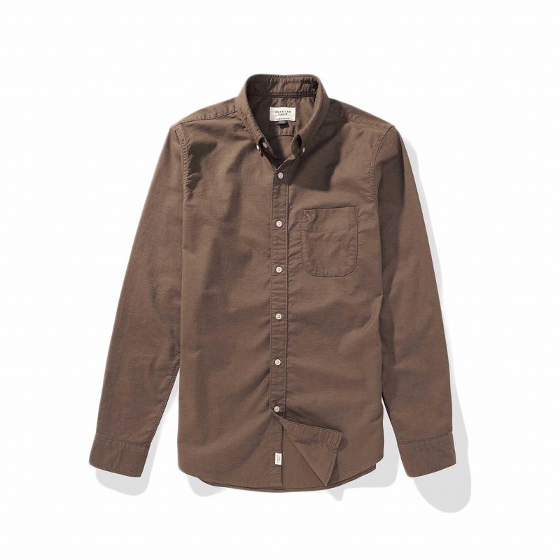 メンズ スリムフィット 長袖 オックスフォード シャツ ダークブラウン