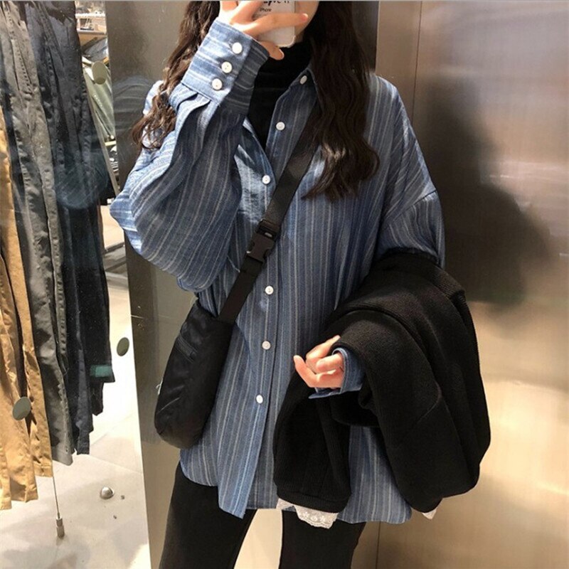 シャツ ブラウス カットソー レディース デニム 長袖 襟付き シンプル お洒落 大人可愛い きれいめ カジュアル 柄 ストライプ 春 秋 ママ 学生 通学 デート お出かけ ブルー トップス