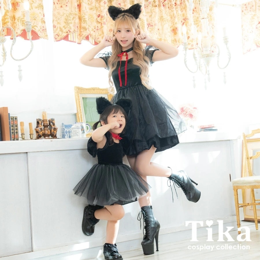 【親子でお揃い】ハロウィンコスプレ 黒猫 キッズ 大人 女の子 100 120 140 キャット アニマル セット ワンピース 子供 黒 猫 セクシー チョーカー カチューシャ ブラック ネコ ミニ