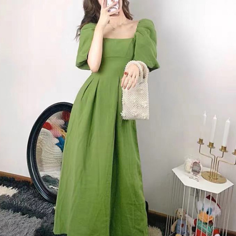 サマーワンピース シンプル グリーン 緑 ミディアム丈 袖あり 半袖 スクエアネック フレア