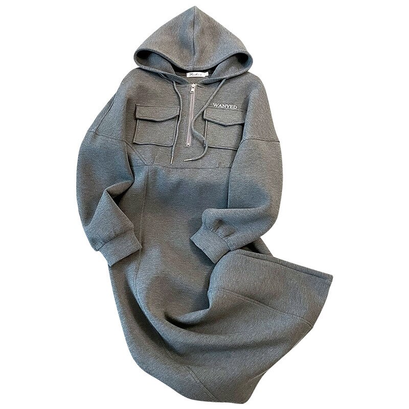 ギャザーワンピース秋冬ウエストフィットロングスカートパーカーニットスカート高級感シンプル