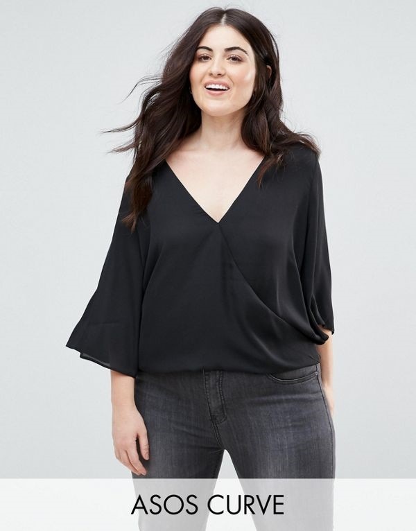 ASOS エイソス レディース 大きめサイズ ゆったりサイズ 送料無料 Black CURVE Drape Wrap Top with Fluted Sleeves