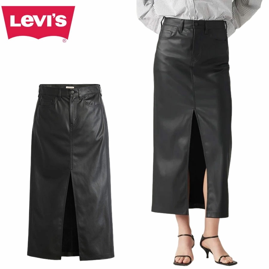 レディース ロングスカートリーバイス LEVIS プレミアムアンクル・コラム スカート Ankle Column Skirt Faux LeatherBlack ブラ