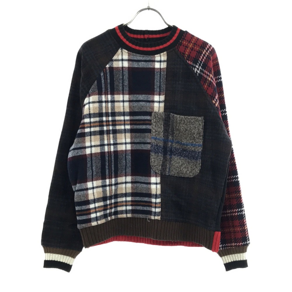 ウールブレンド チェック 長袖 切替 ニット XS ブラック系 セーター メンズ