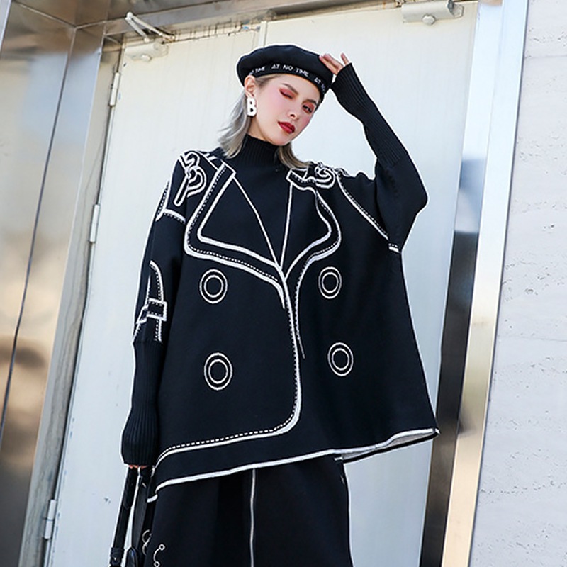 【Noir Mode】高級感溢れる 上品 リバーシブル ハイネック セーター レディース ゆったり ニット ジャケット