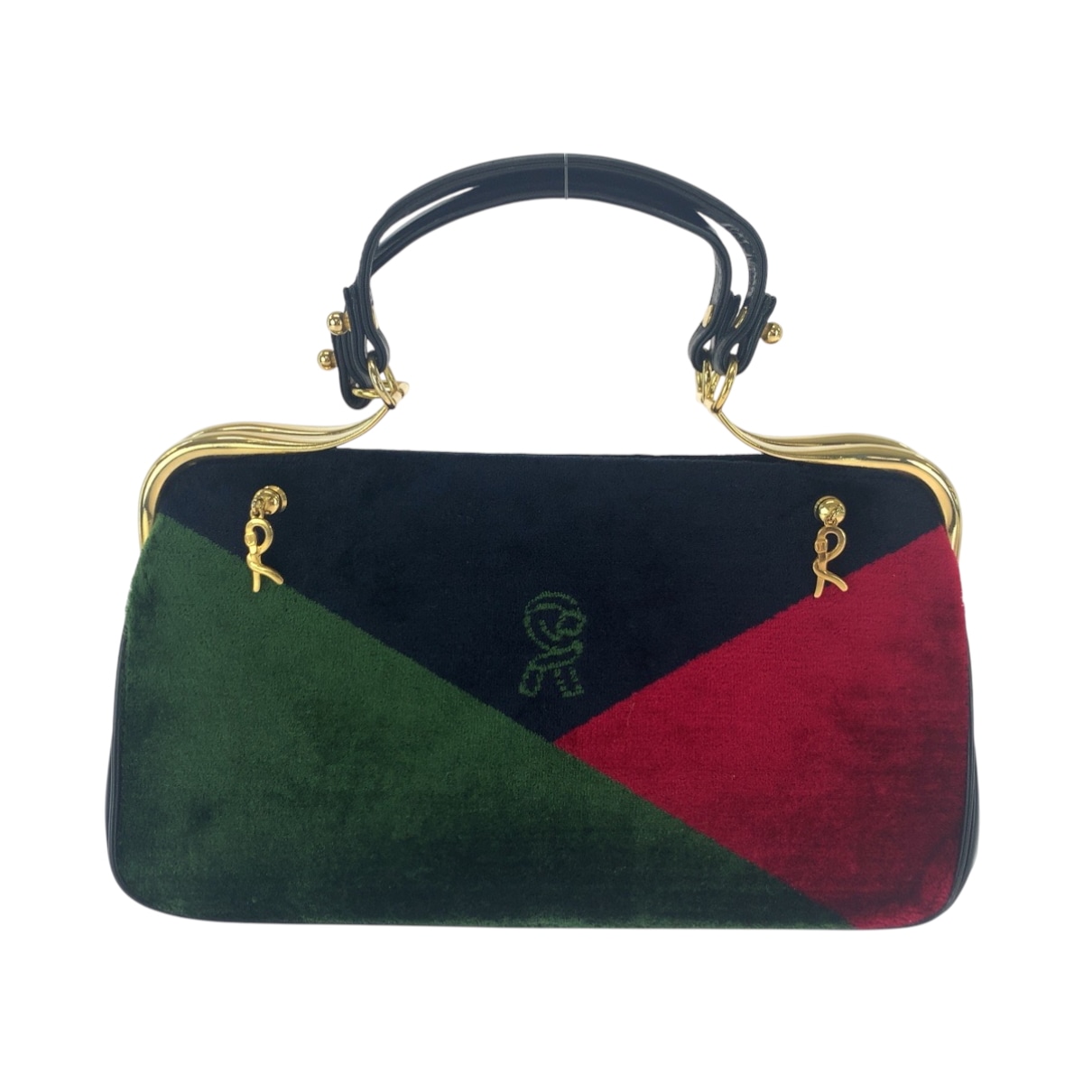 美品 ヴィンテージ ブラック 黒 グリーン レッド ゴールド金具 ベロア ハンドバッグ レディース 501399ハンドバッグ