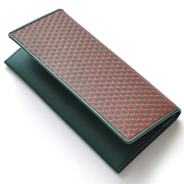 【新規OPEN】【期間限定セール】【激安】【新品未使用】 鹿革漆付け　牛革　麻の葉模様柄　印伝　日本製　シンプルロングウォレット　IDA-101　緑赤