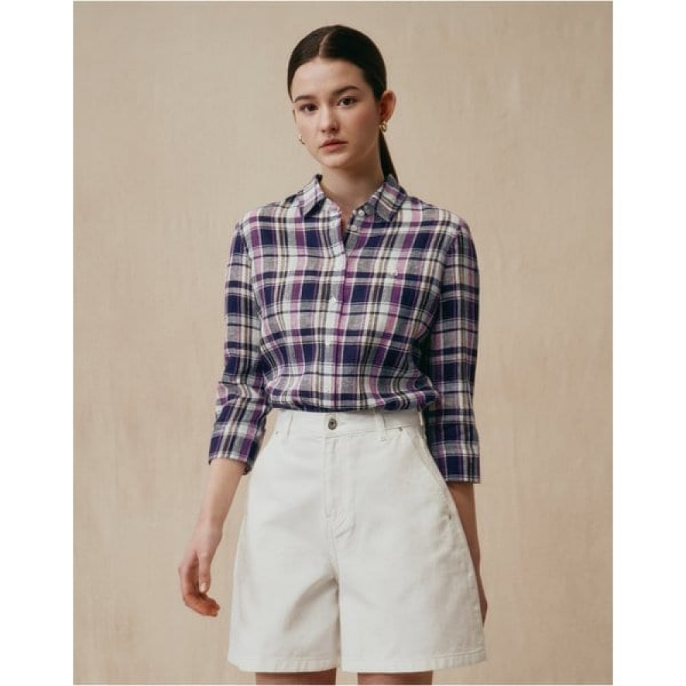 [25SS] リネンチェック 3/4 シャツネイビー HSSH5B304N2